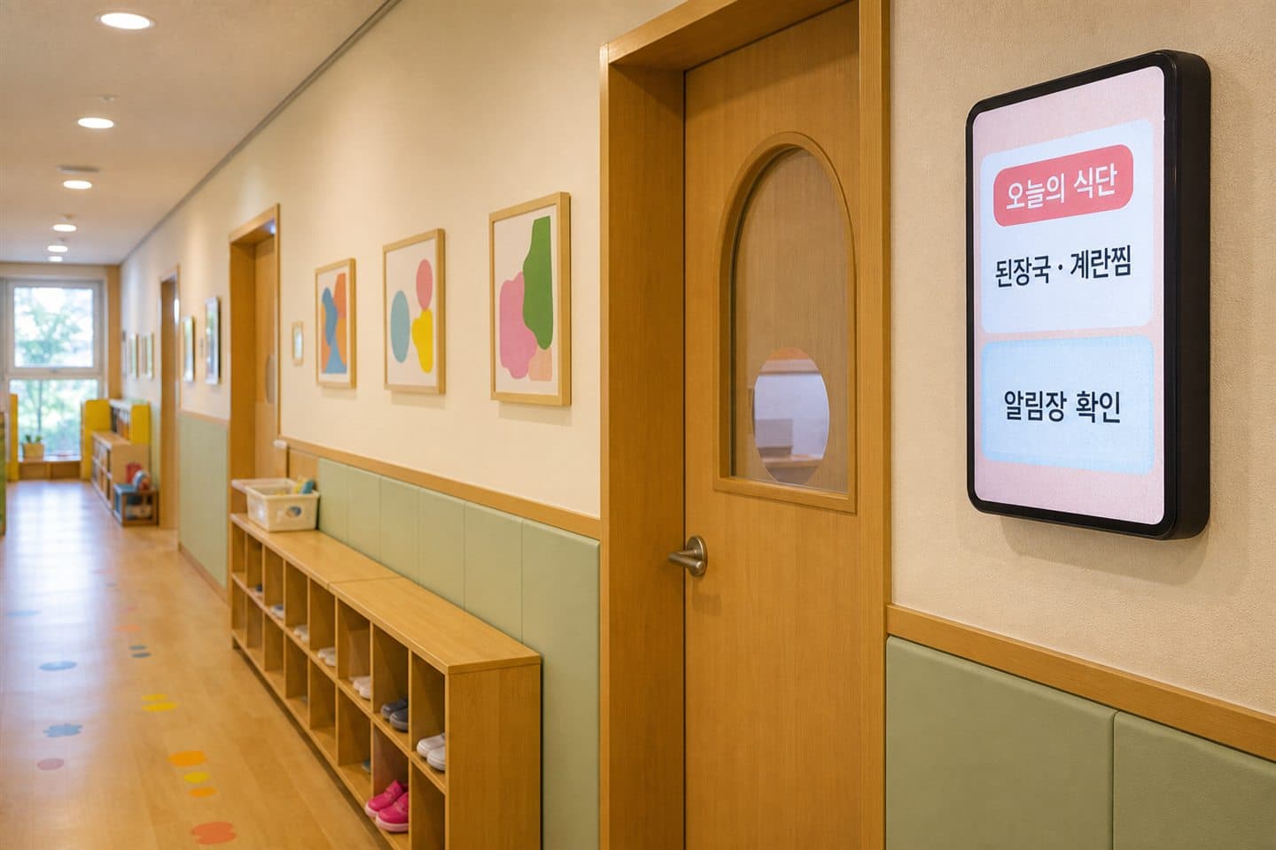 한국 어린이집 복도 벽면에 설치된 오늘의 식단과 알림장 안내 화면